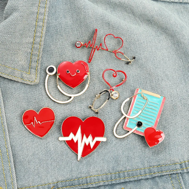 European & American Creative Badge Jewelry — Personalized Cartoon Hearing Device Pin, Love Red Cross Baked Paint Alloy Accessory