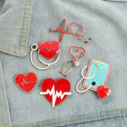 European & American Creative Badge Jewelry — Personalized Cartoon Hearing Device Pin, Love Red Cross Baked Paint Alloy Accessory