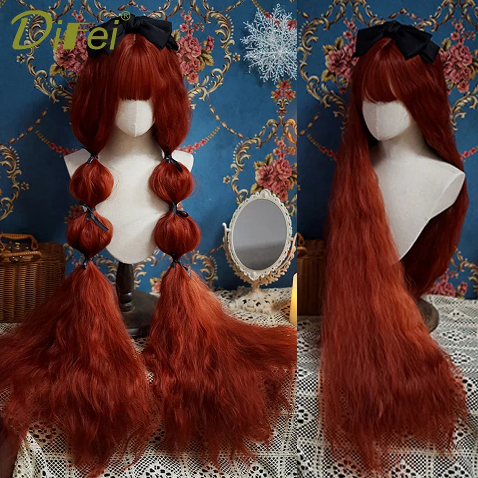 120cm Long Wavy Synthetic Wig - Female Red Brown Lolita Style with Bangs, Natural Hair Look, Heat Resistant Fiber