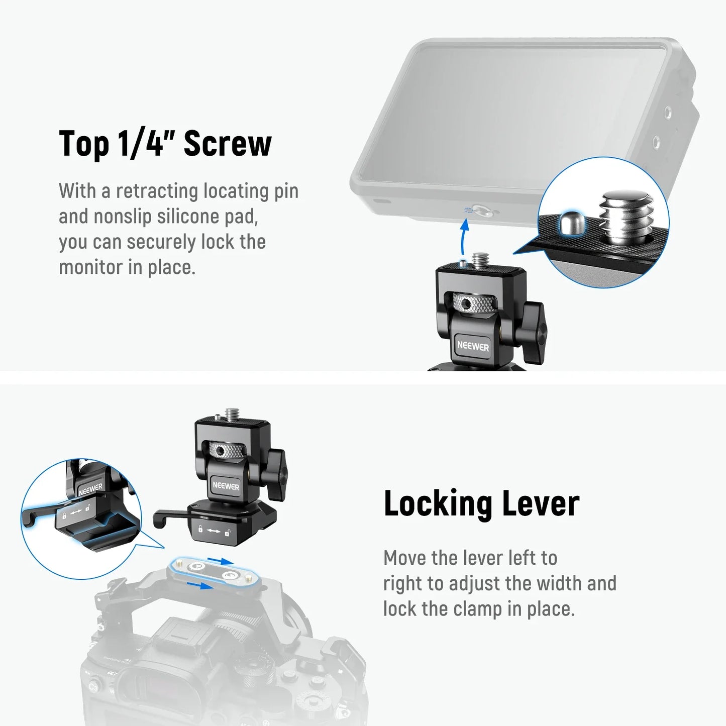 NEEWER Adjustable Camera Clamp – Monitor Mount with Cold Shoe, Anti-Twist 1/4" Screw for Flash & DIY Accessories