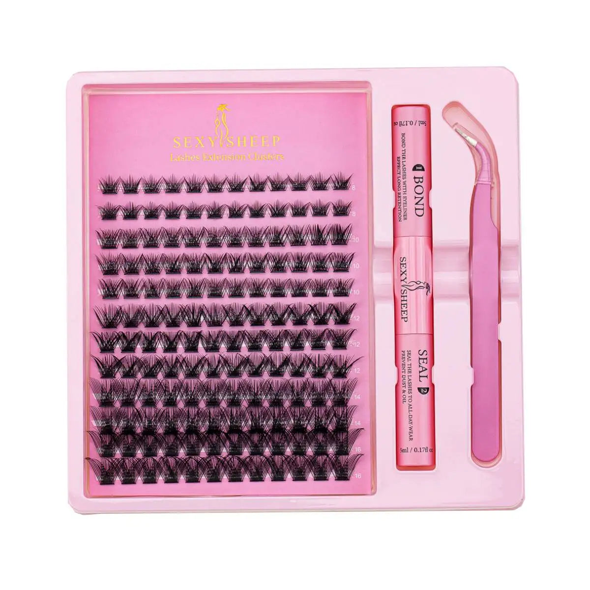 DIY Eyelash Extension Kit – Individual Lash Clusters (8-16mm) with Bond, Seal & Applicator