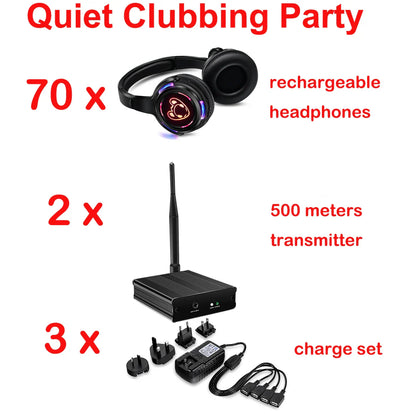 Silent Disco Complete System – Black LED Wireless Headphones Bundle with 5 Headsets & 1/2/3 Transmitters for Quiet Parties