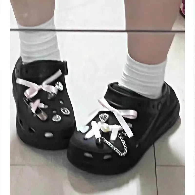 Pink Cute Shoe Charms with Ribbon Bow – Designer Clog Accessories for Girls & Women