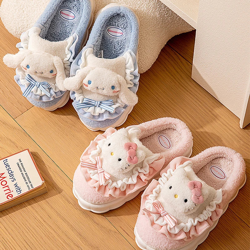 Sanrio Hello Kitty Fuzzy Slipper - Cartoon Kuromi, Cinnamoroll, Yk2 Winter Plush Non-Slip Slippers for Women and Girls, Cute Flat Shoes for Home