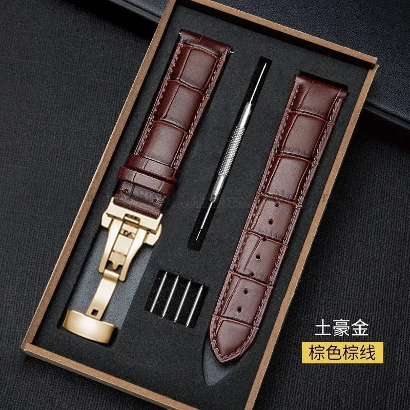 Universal Genuine Leather Watch Band 12–24mm with Butterfly Clasp – Premium Strap for Men & Women (Gift Box Included)
