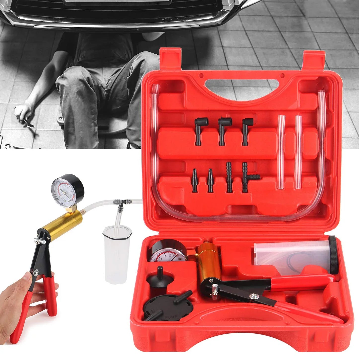 2-in-1 Handheld Vacuum Brake Bleeder Kit with One-Man Brake & Clutch Bleeding System and Protective Case