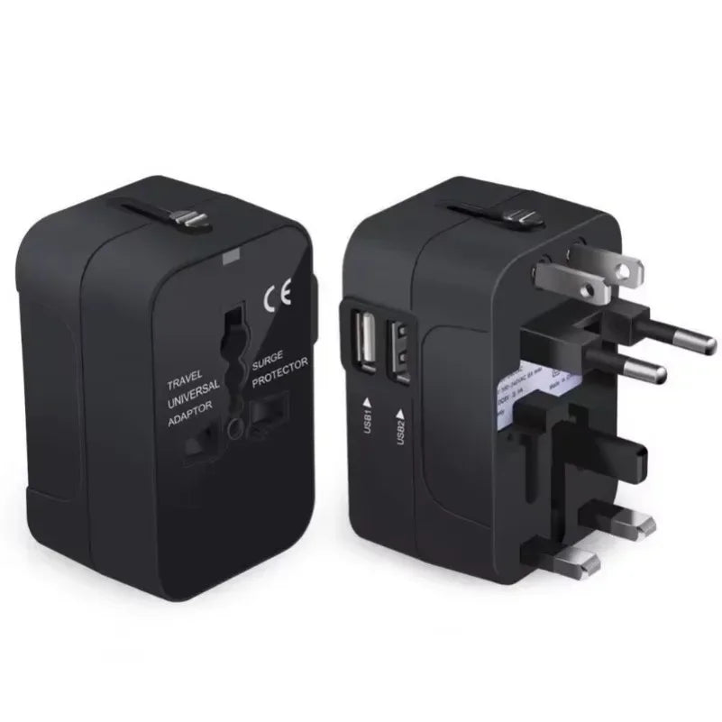 All-in-One Foldable Universal Travel Adapter – EU, UK, US, AU Power Charger with Dual USB 2.1A Ports and Outlet Converter Socket