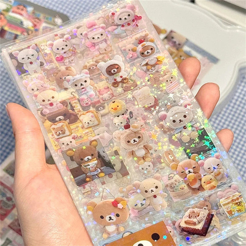 5pcs Hello Kitty Rilakkuma Cartoon Die-Cut Stickers, Cute Kitty Cat Flashing Laser Stickers, Anime Handbooks Material Stickers