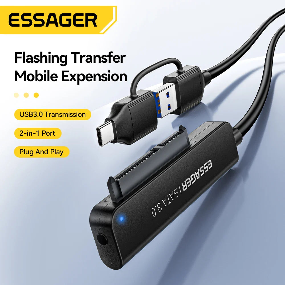 Essager 2-in-1 SATA to USB 3.0/Type-C Adapter – 2.5" HDD & SSD Hard Drive Converter Cable for Fast Data Transfer Disk Enclosure Tool