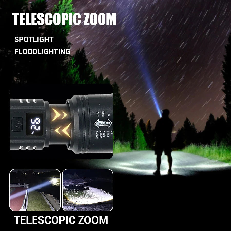 9900LM Powerful LED Flashlight – USB Rechargeable with Battery Display, Telescopic Zoom Torch for Outdoor Camping and Fishing