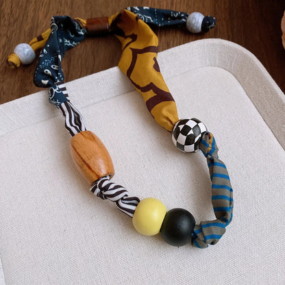 Printed Fabric Choker Necklace - Ethnic Heart Pendant Acrylic Wood Bead Charm Jewelry for Women