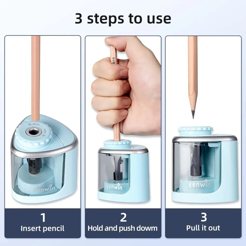 Tenwin Electric Auto Pencil Sharpener - Safe Helical Steel Blade Sharpener for Students, Artists, Kids, Adults - Ideal for Colored Pencils