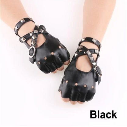 Unisex Fingerless PU Leather Driving Gloves, Rivet Punk Style Disco Rock & Roll Gloves for Dance, Motorcycle & Party Wear (Black/Red/White)