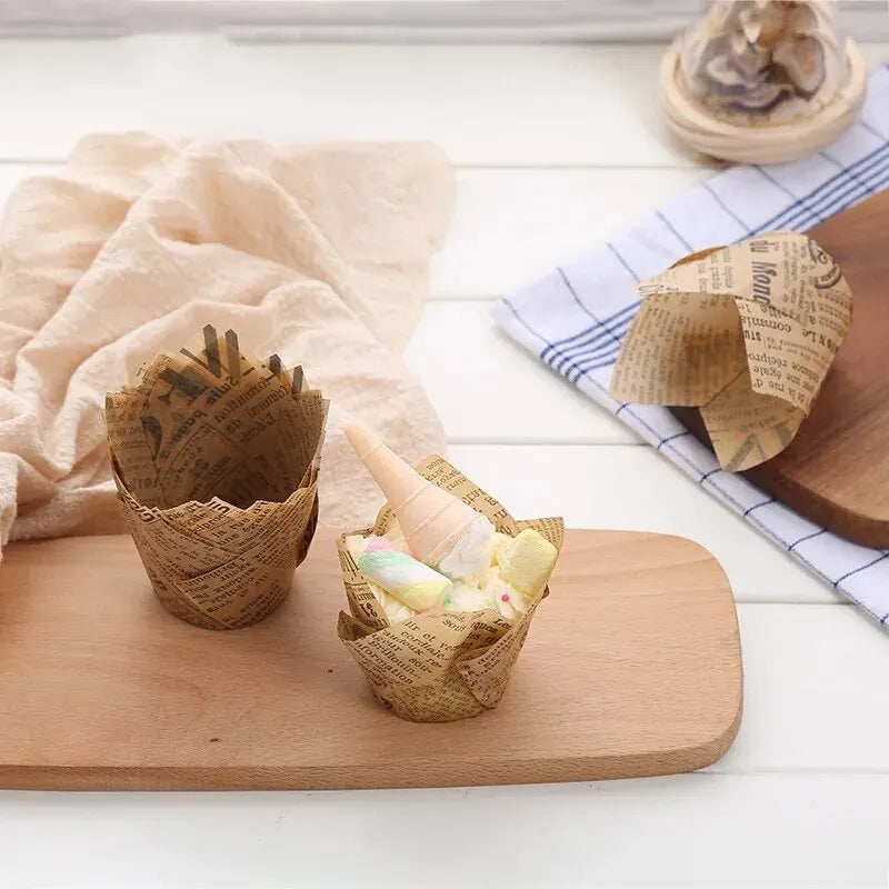 50PCS Tulip Baking Cups – Disposable Oil-Proof Paper Cup Trays for Cakes, Muffins & Bread