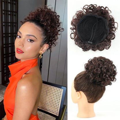 Synthetic Messy Bun Hair Piece – 60g Elastic Drawstring Curly Wave Hair Bun Extension for Women (Dark Brown)
