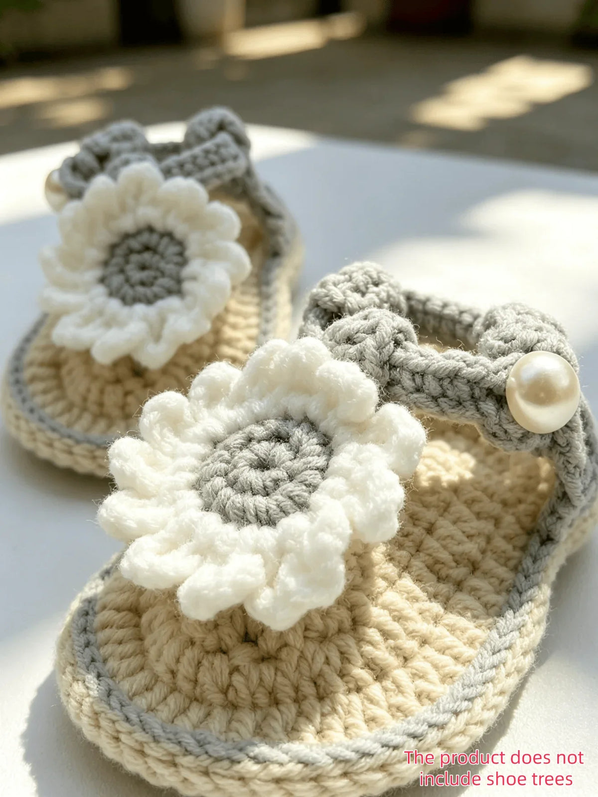 Handmade Crochet Baby Girl Sandals - Pink & Beige Flower Pearl Newborn Booties