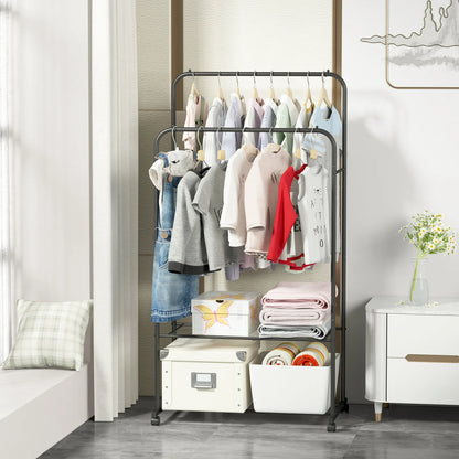 Rolling Clothes Rack – Garment Hanger with 2-Tier Storage Shelves