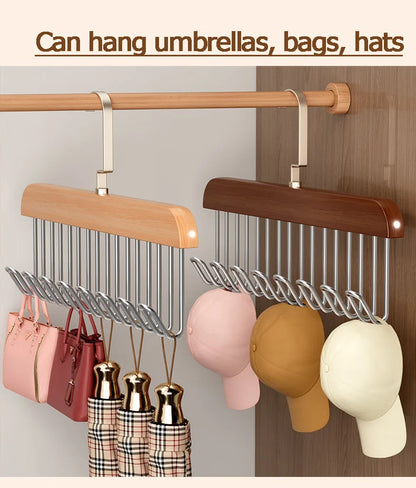 I KNOW 8-Hook Wood Clothes Hanger – High-Quality, Strong, Non-Slip Multi-Function Hanger for Caps, Belts & Household Use