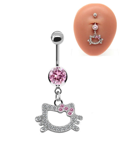 Hello Kitty Belly Button Ring – Trendy Pink Butterfly Cute Cat Navel Piercing Jewelry for Women, Stainless Steel