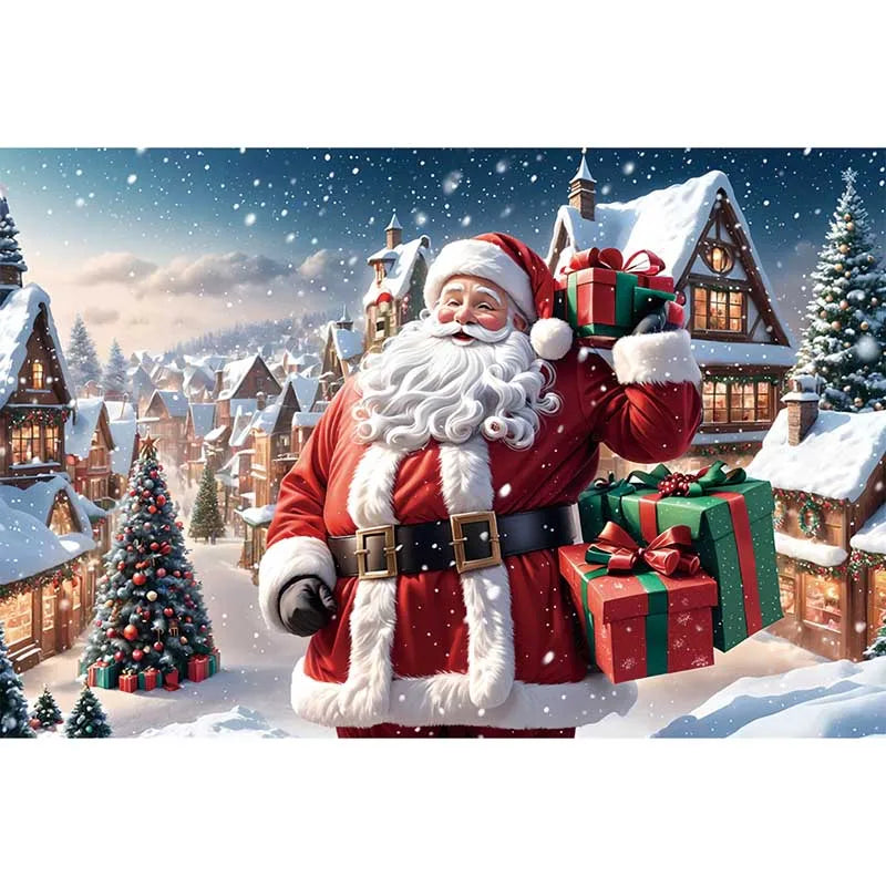 MOON.QG Christmas Santa Claus Village Backdrop – Holiday Photo Studio Background with Trees & Gifts for Home Decoration