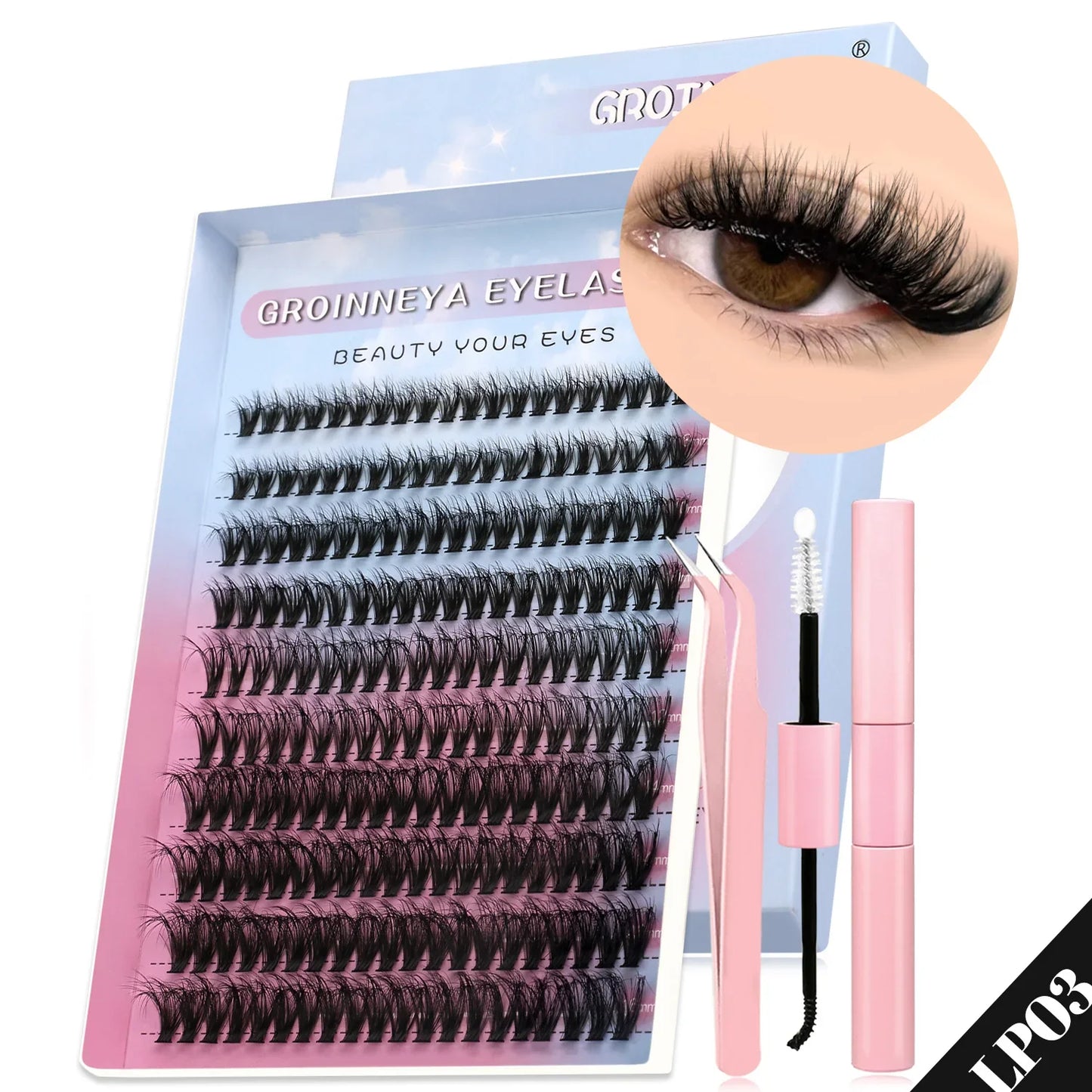 GROINNEYA Cat Lash Clusters Kit – 640pcs with Lash Bond & Seal, DIY Eyelash Extensions for Home Use