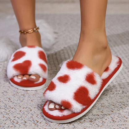 Women’s Fuzzy Heart Indoor Slippers – Warm Fluffy Open-Toe Non-Slip House Shoes for Winter