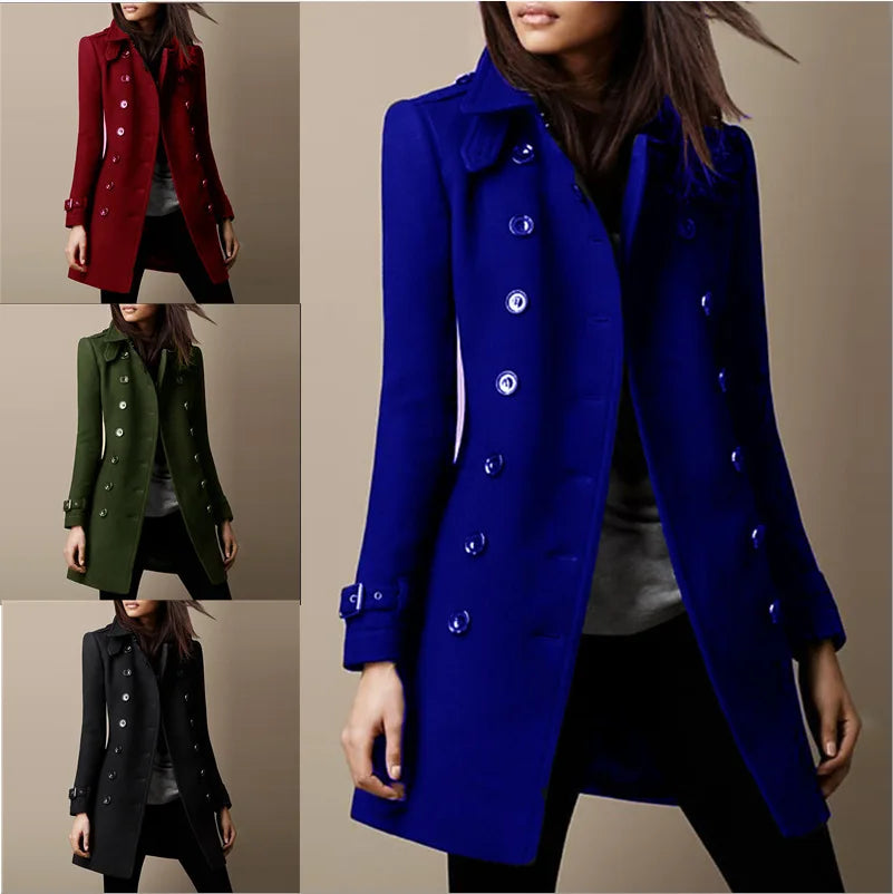 Winter Ladies Woolen Jacket – Double-Breasted Flap Lapel, Slim Fit, Elegant Solid Top Coat, Lined Women’s Outerwear 2024