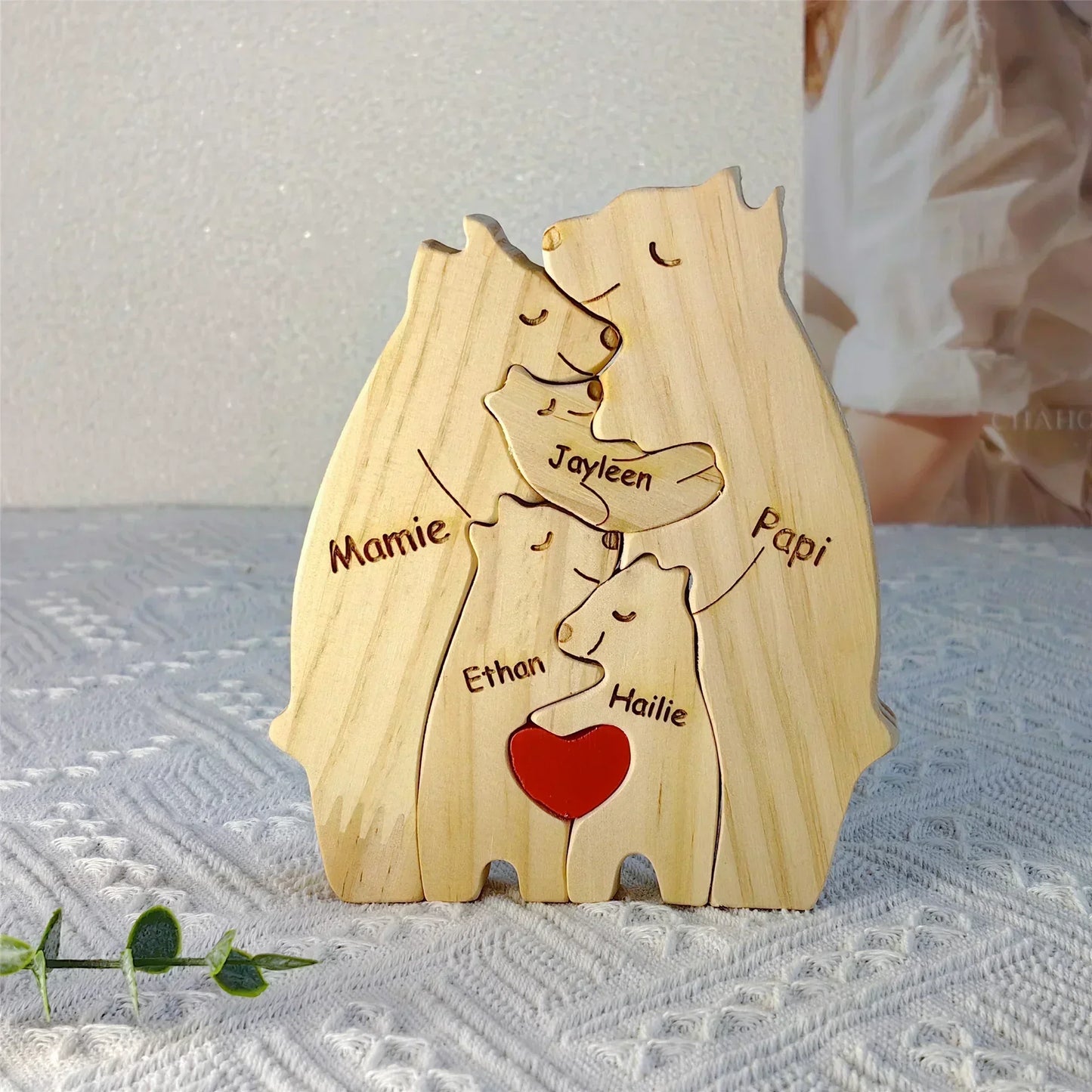 Personalized Wooden Bear Family Puzzle – Custom Name Home Decor, Thanksgiving & Christmas Gift for Mom & Baby