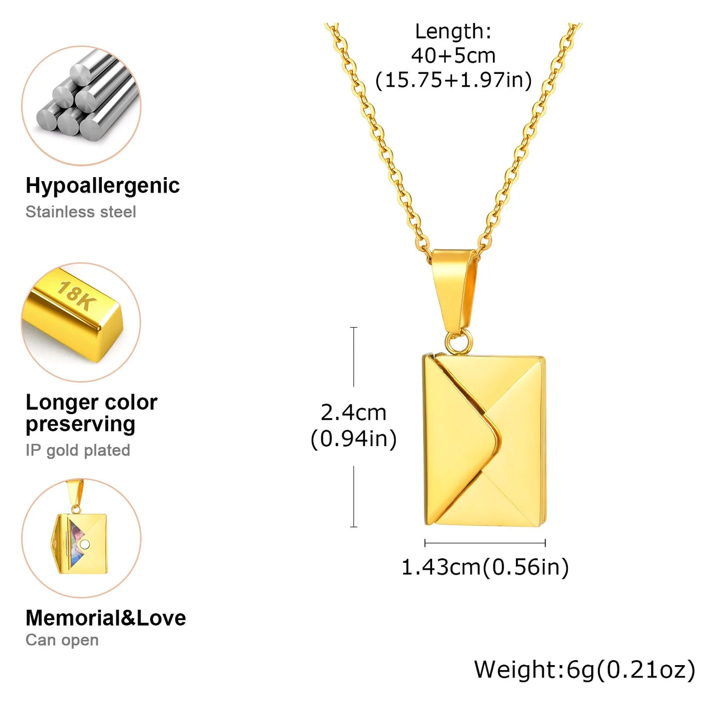 Vnox Custom Envelope Photo Necklace – Stainless Steel Personalized Pendant for Women & Girls