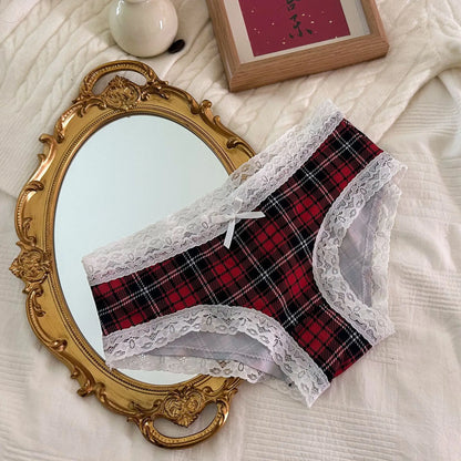 Sexy Lace-Trimmed Bow Tie Panties – Black & Red Checkered Kawaii Women’s Briefs for Party, Holiday & Vacation