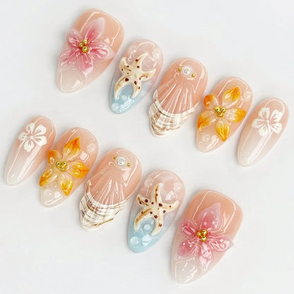 24PCS Strawberry Bow Press On Nails - Red Short Almond Pearl Starlight Floral False Nail Art Tips