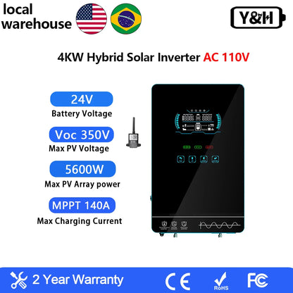 Y&H 3.6/4kW Hybrid Solar Inverter 24V – Pure Sine Wave with 120A MPPT Controller, UL1741 Certified