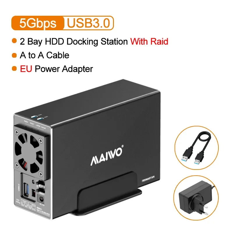MAIWO 3.5 Inch HDD Case – Dual Bay SATA RAID Storage Enclosure & Docking Station for 2.5/3.5 Inch External Hard Drives