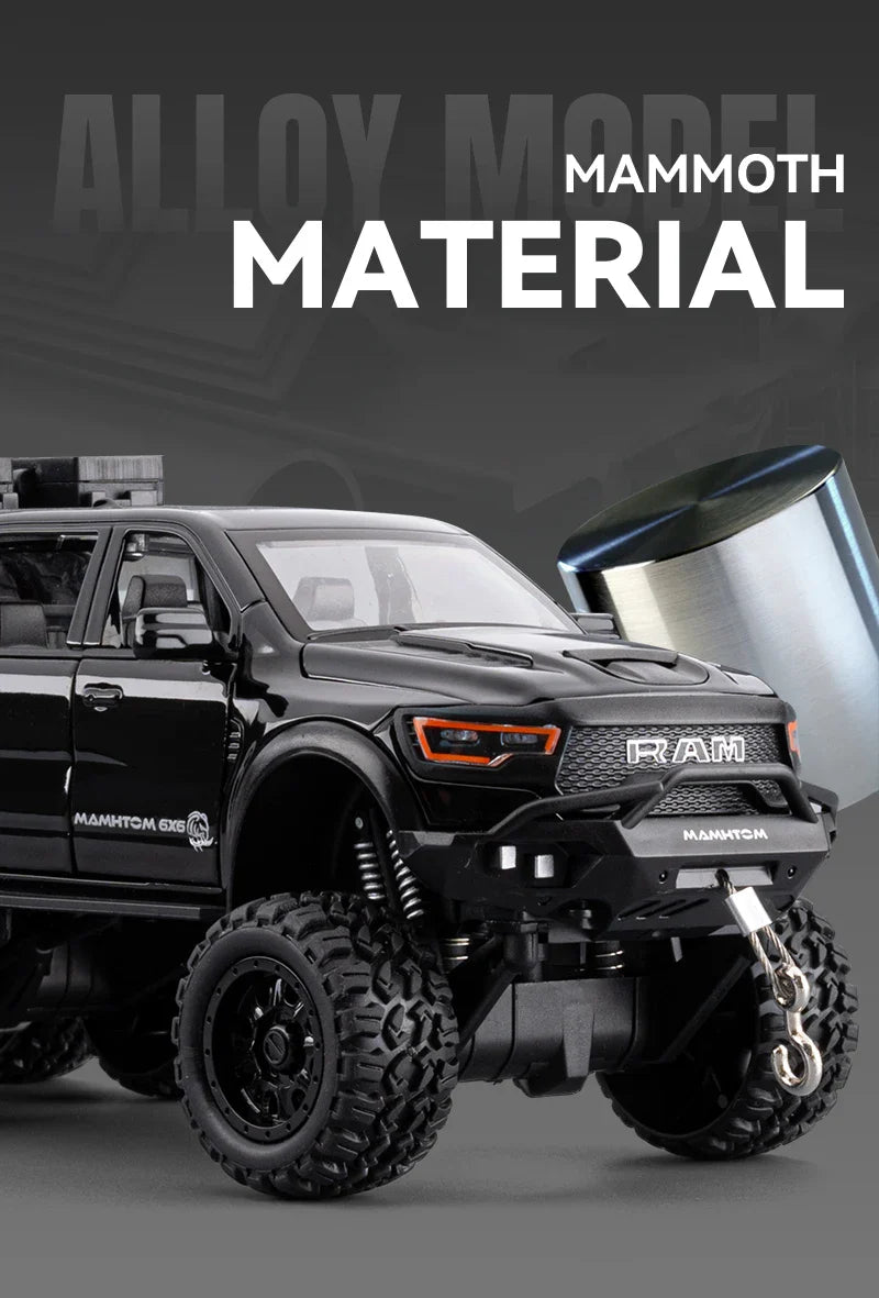 1:24 Dodge Mammoth RAM 1000 TRX 6x6 Diecast Model Car – Metal Alloy Toy with Lights for Kids & Collectors Gift