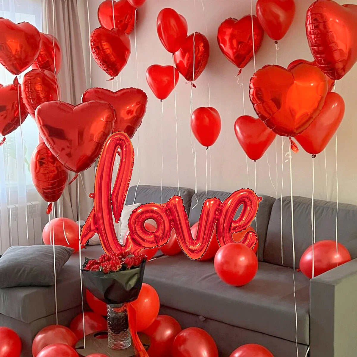407PCS Red "Love" Letter Balloon Set – 18-Inch Heart-Shaped Balloons & Rose Petals for Valentine’s Day, Anniversary & Party Decoration
