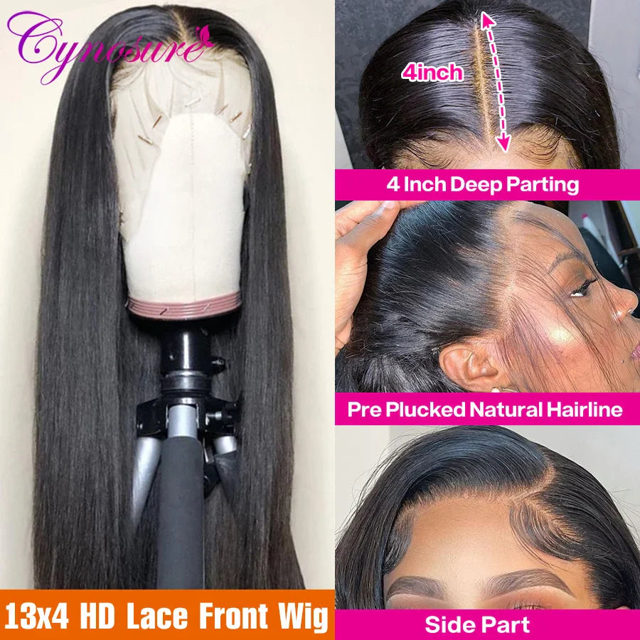 Cynosure 13x4/13x6 HD Transparent Lace Front Human Hair Wig – Pre-Plucked Remy Brazilian Straight Lace Frontal for Women