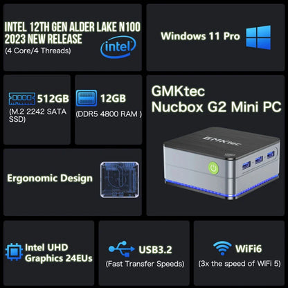 GMKtec G2 Mini PC – Intel 12th Gen Alder Lake N100, Windows 11 Pro, 12GB DDR5 RAM, 512GB SSD, WiFi 6 & BT5.2 Desktop Computer