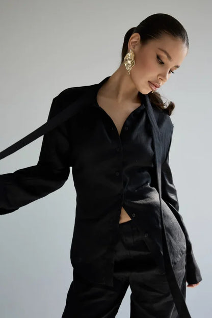 Wolfeel 100% Cotton Women’s Autumn Tie-Belt Shirt, Floating Ribbon Cardigan Slim Fit Commuting Blouse Top