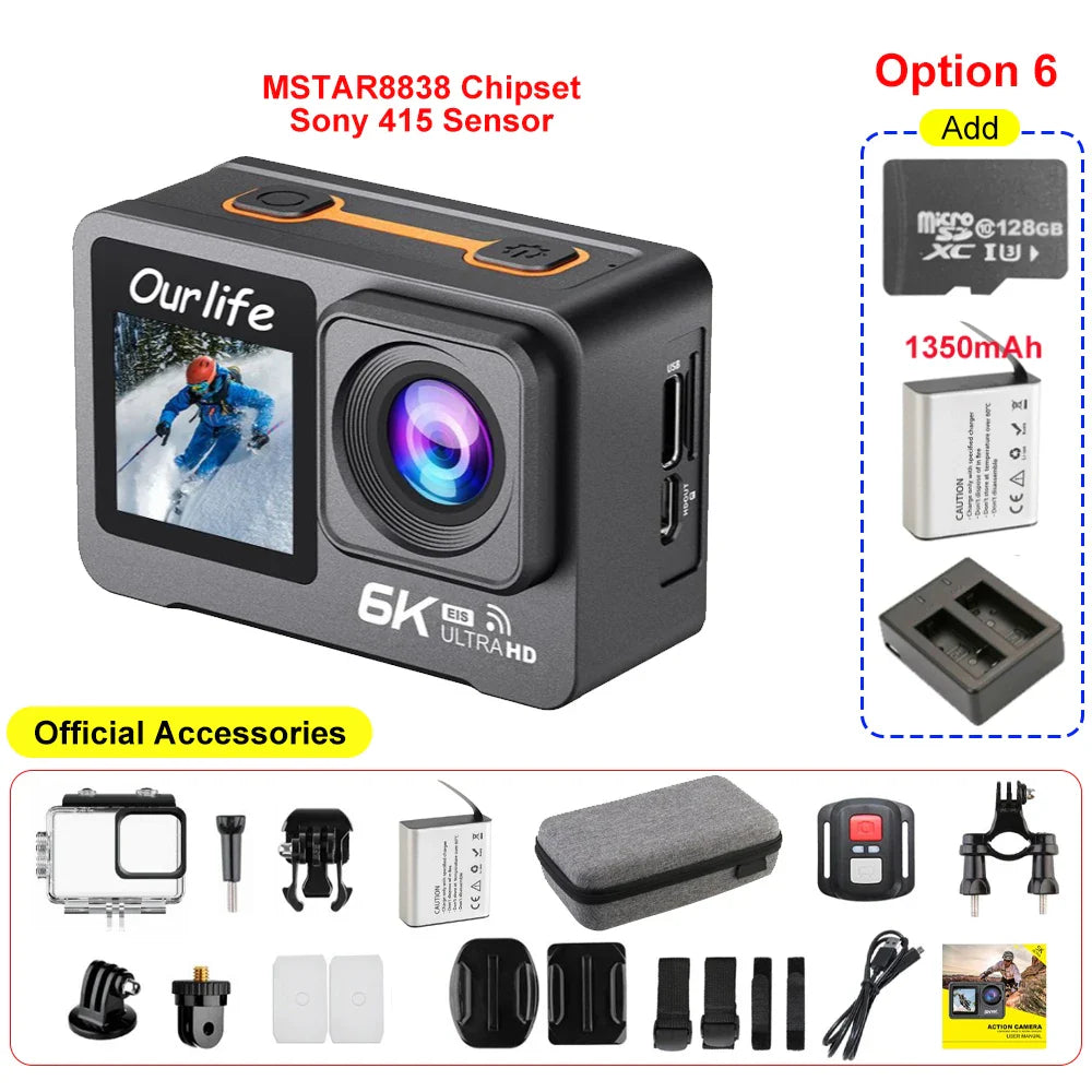 6K 4K60FPS Action Camera – 50MP Dual Screen, 2.0" Touch LCD, EIS, WiFi, 170° Lens, 30M Waterproof, 5X Zoom with Remote