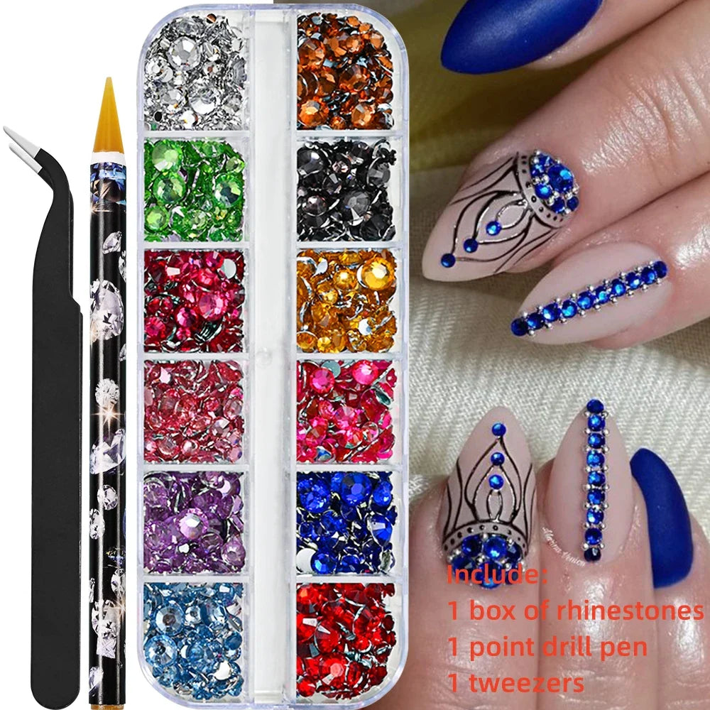 12-Grid 3D Glass AB Crystal Nail Art Rhinestones Kit – Flatback Round Beads with Tools for Nail Jewelry & Diamond Decoration