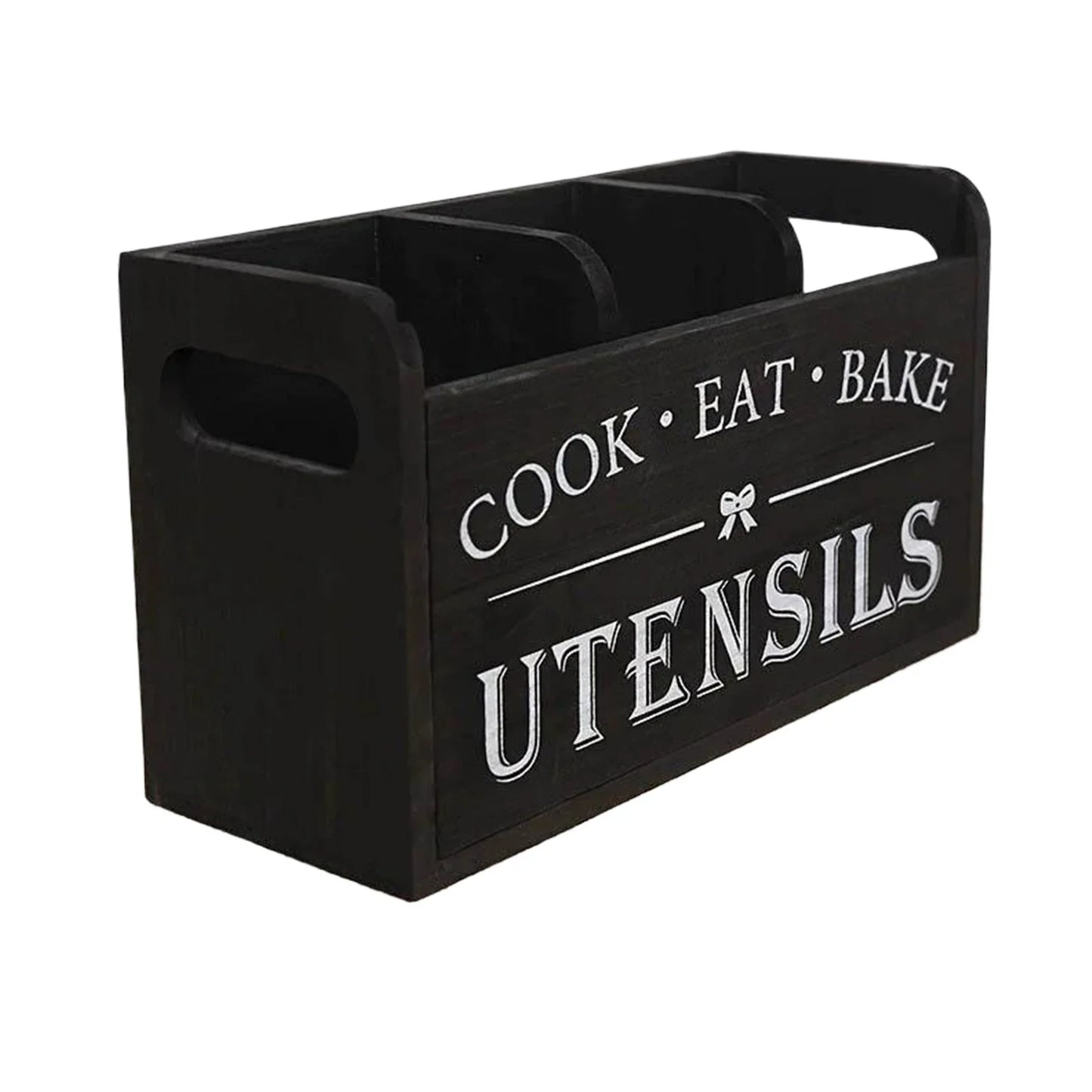 Wood Kitchen Utensil Holder Organizer – 3 Compartment Tableware Stand with Drainage Holes for Cutlery, Snack Bar & Kitchen Storage Use