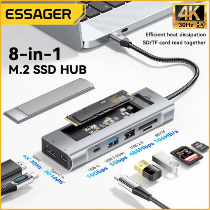 ESSAGER 8-in-1 USB-C Hub Dock Station — HDMI + Disk Storage | Compatible with MacBook Pro/Air M1 & M2