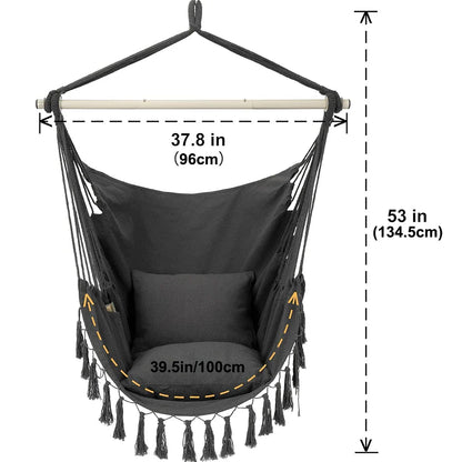 Macrame Hanging Chair with 2 Pillows – 500lb Cotton Rope Swing with Pocket Design for Indoor & Outdoor Use