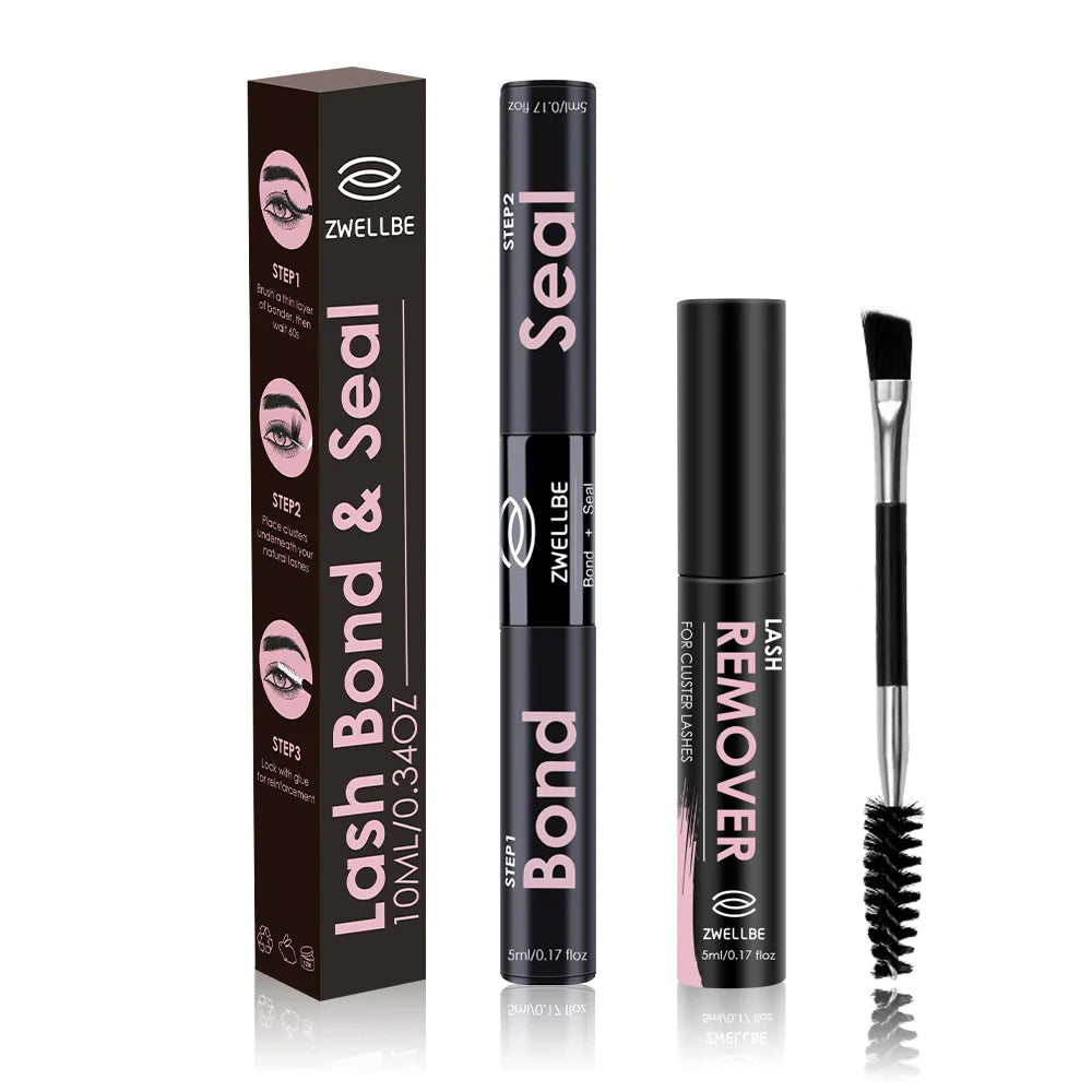 Lash Bond, Seal, and Remover Kit – Waterproof Cluster Eyelash Glue, Strong Hold, Fast Removal for DIY Extensions