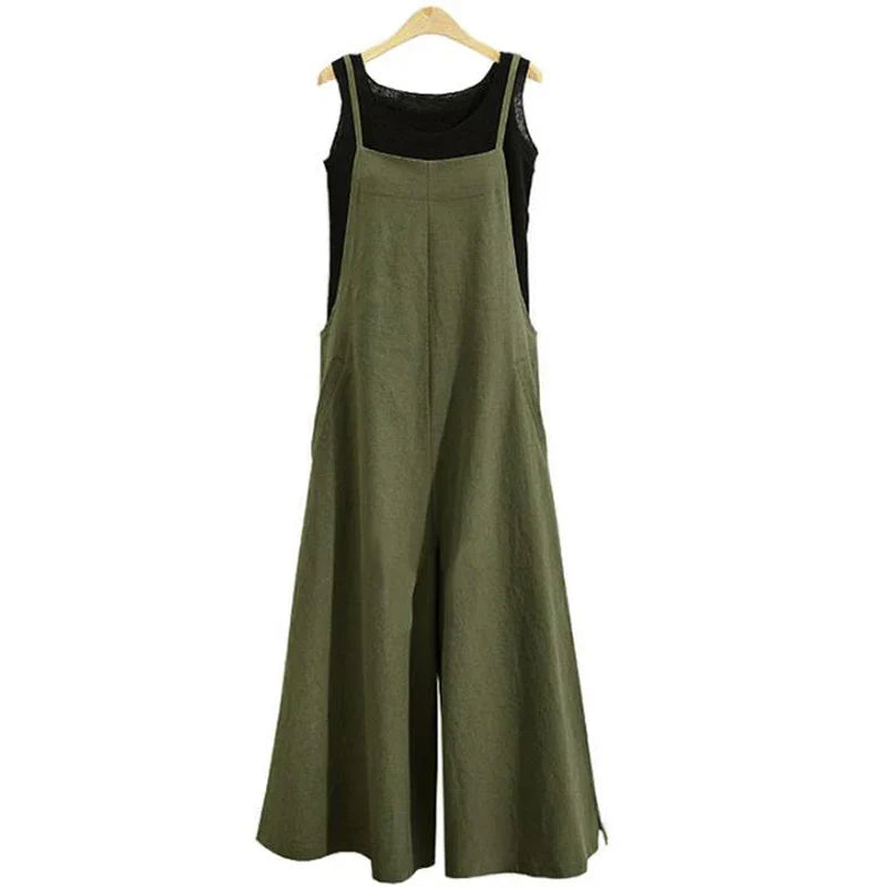 Women’s Summer Wide Leg Jumpsuit Overalls – Solid Color Sleeveless Cotton Linen Bib Dungaree, Casual Loose Fit Plus Size 5XL