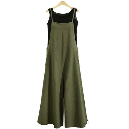 Women’s Summer Wide Leg Jumpsuit Overalls – Solid Color Sleeveless Cotton Linen Bib Dungaree, Casual Loose Fit Plus Size 5XL