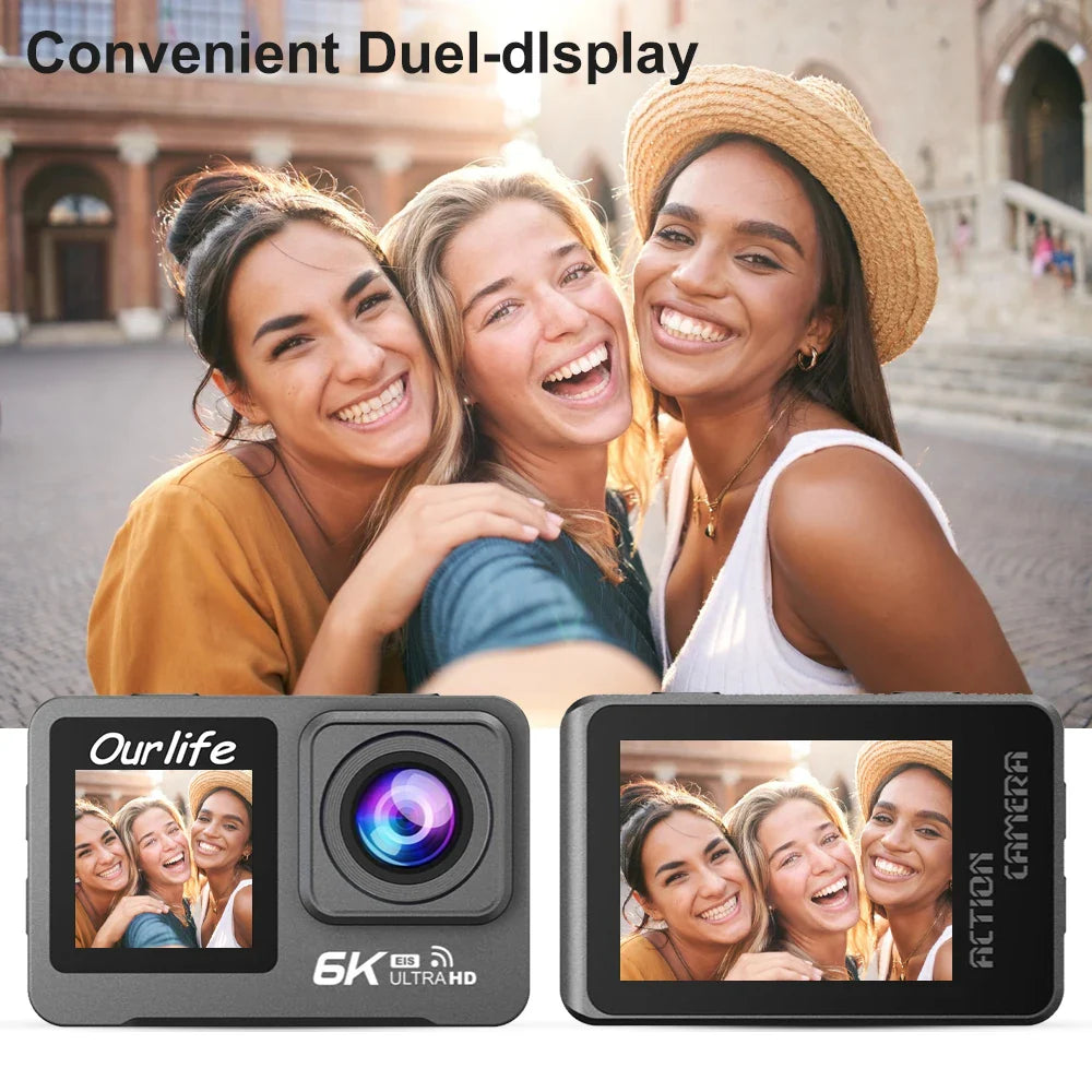 6K 4K60FPS Action Camera – 50MP Dual Screen, 2.0" Touch LCD, EIS, WiFi, 170° Lens, 30M Waterproof, 5X Zoom with Remote