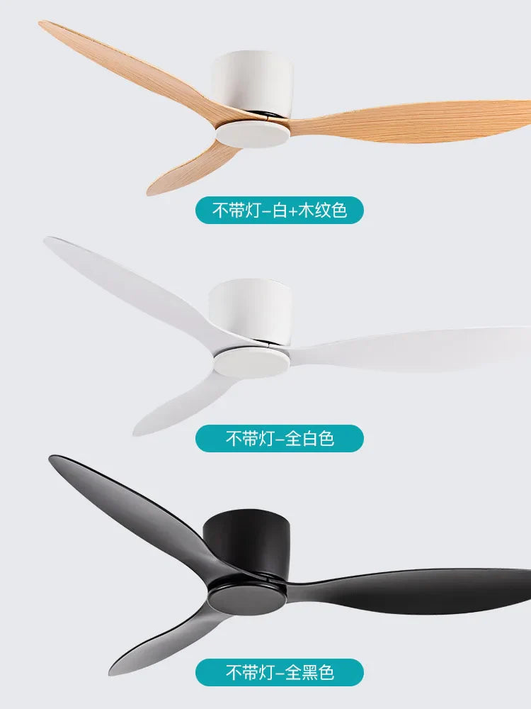42-52 Inch Ceiling Fans with DC Motor — Remote Control Low Floor Cooling Fans, No Light, White Wood & Black Options