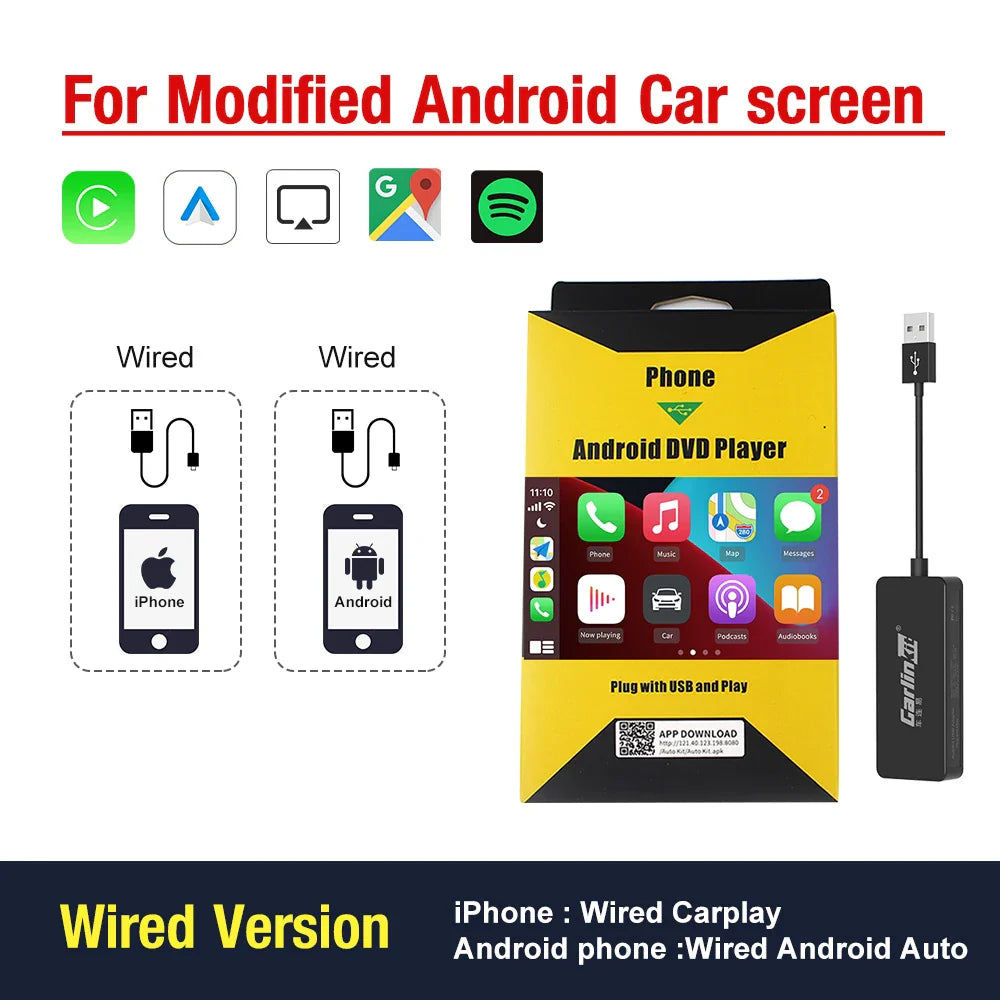 Carlinkit Wireless CarPlay Activator & Android Auto Wired USB Dongle AI Box with Bluetooth Charger & MirrorLink for Android Radio