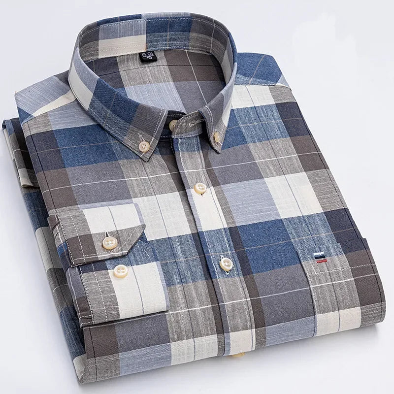 Men’s Cotton Oxford Shirt - Smart Casual Long Sleeve Plaid Print Dress Shirt, Regular Fit up to 6XL